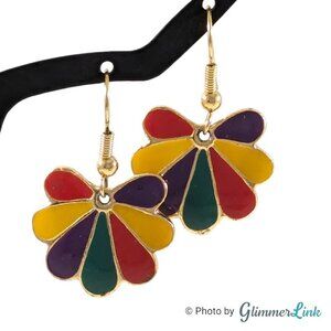 Multicolor Floral Blossom Enamel Gold Tone Dangle Earrings